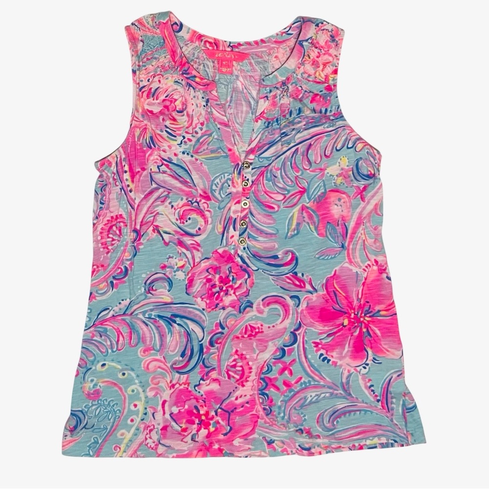 Lilly Pulitzer Essie Tank Top Pink Blue Floral Print Size X-small